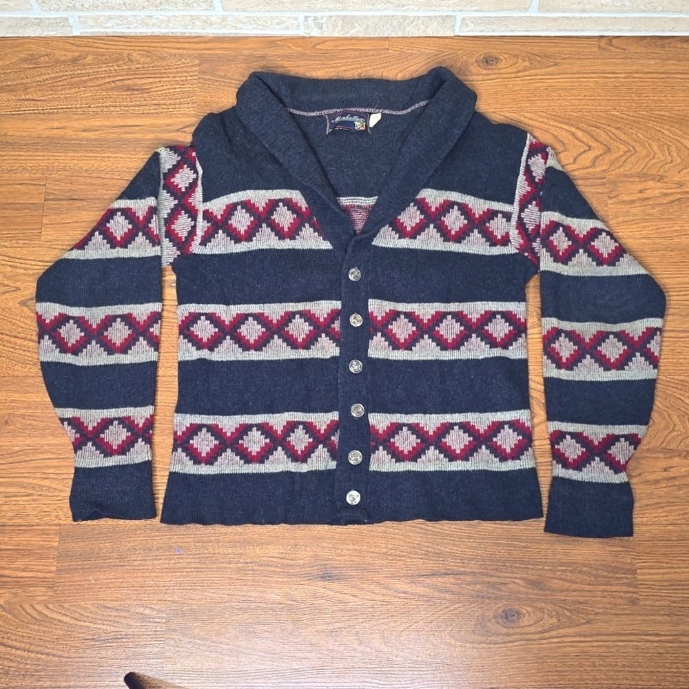 Vintage Manhattan Lambswool Shawl Collar Cardigan Fair Isle Wool Sweater USA 50s